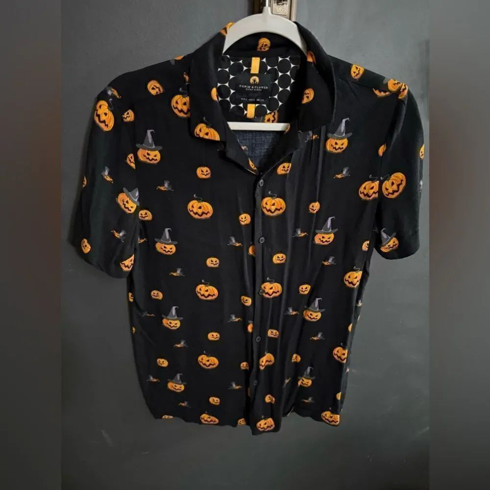 Denim & Flower Ricky Singh Black Halloween Pumpkin Button Up Shirt Men's Small